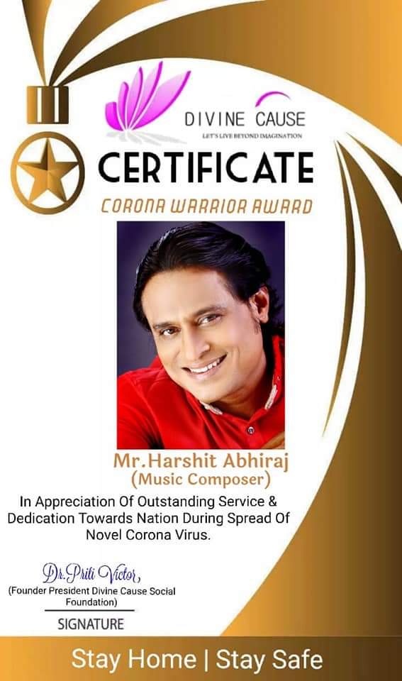 Harsshit Abhiraj receives Corona Warrior Award from DIVINE CAUSE Social Foundation